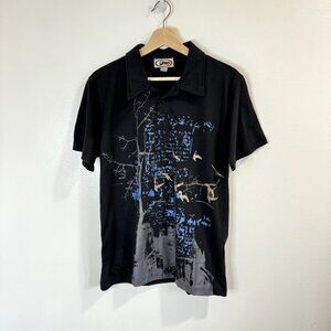 Vintage Y2K 90s YMLA Polo Shirt Size L Black Club Rave Disco Haunted House Birds